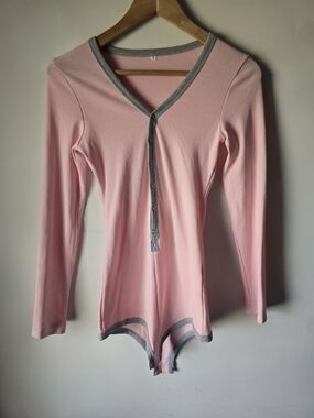 Women's Pink Long-Sleeve Ribbed Henley Bodysuit with Contrast Trim